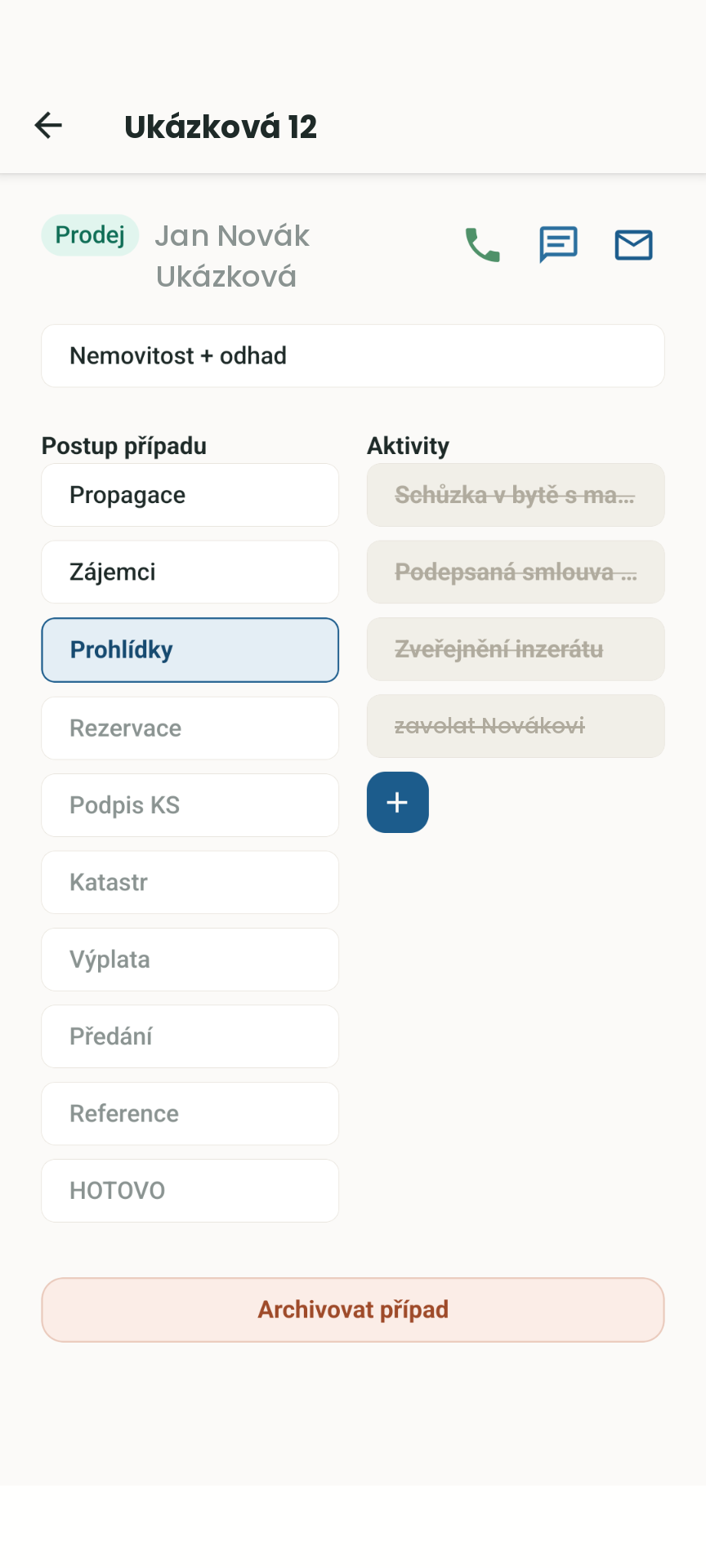 Snímek obrazovky appky Realenka — fáze a aktivity případu